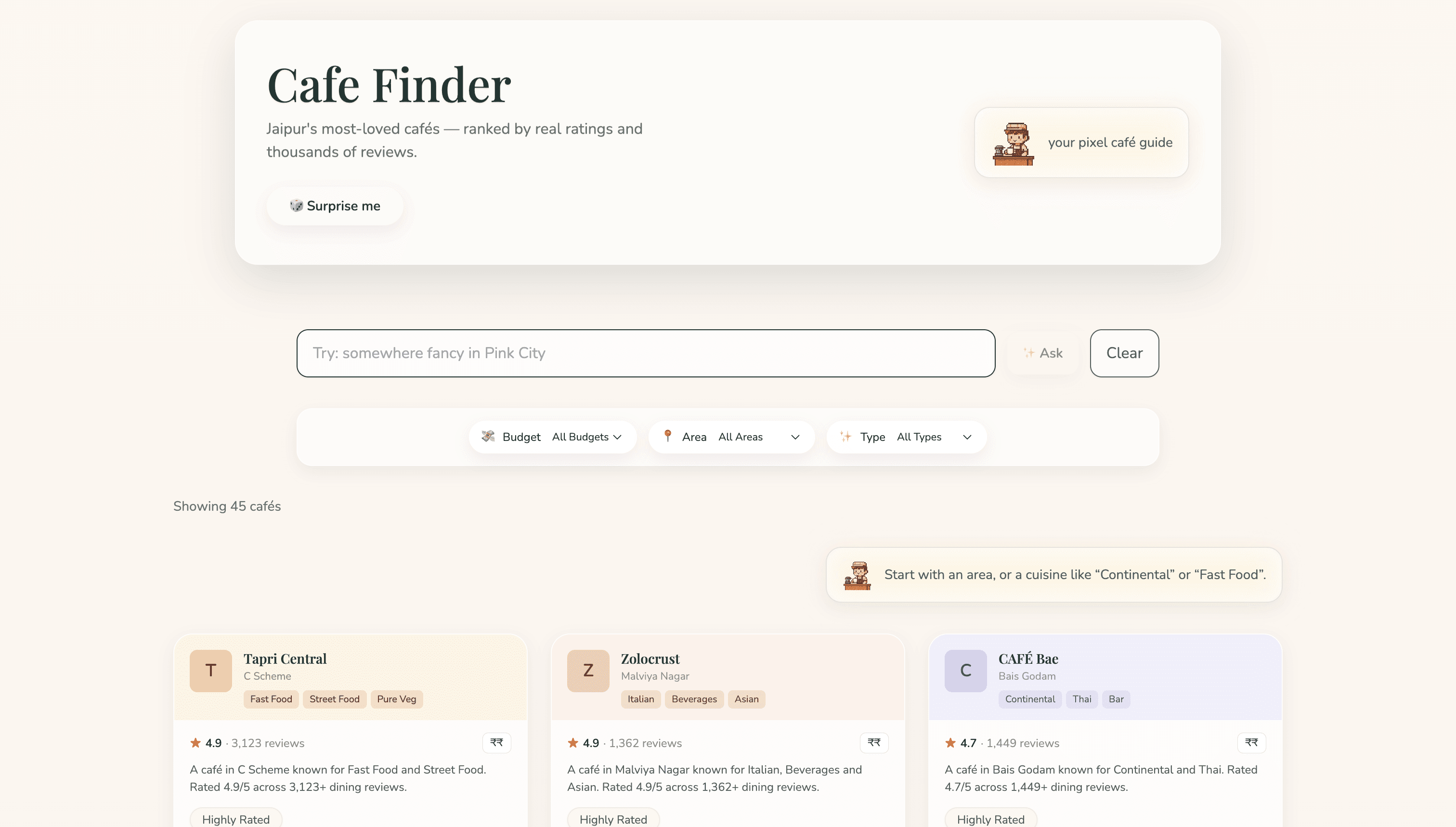 Natural language search over Jaipur cafes, with three result cards showing cuisine tags, star ratings and review counts